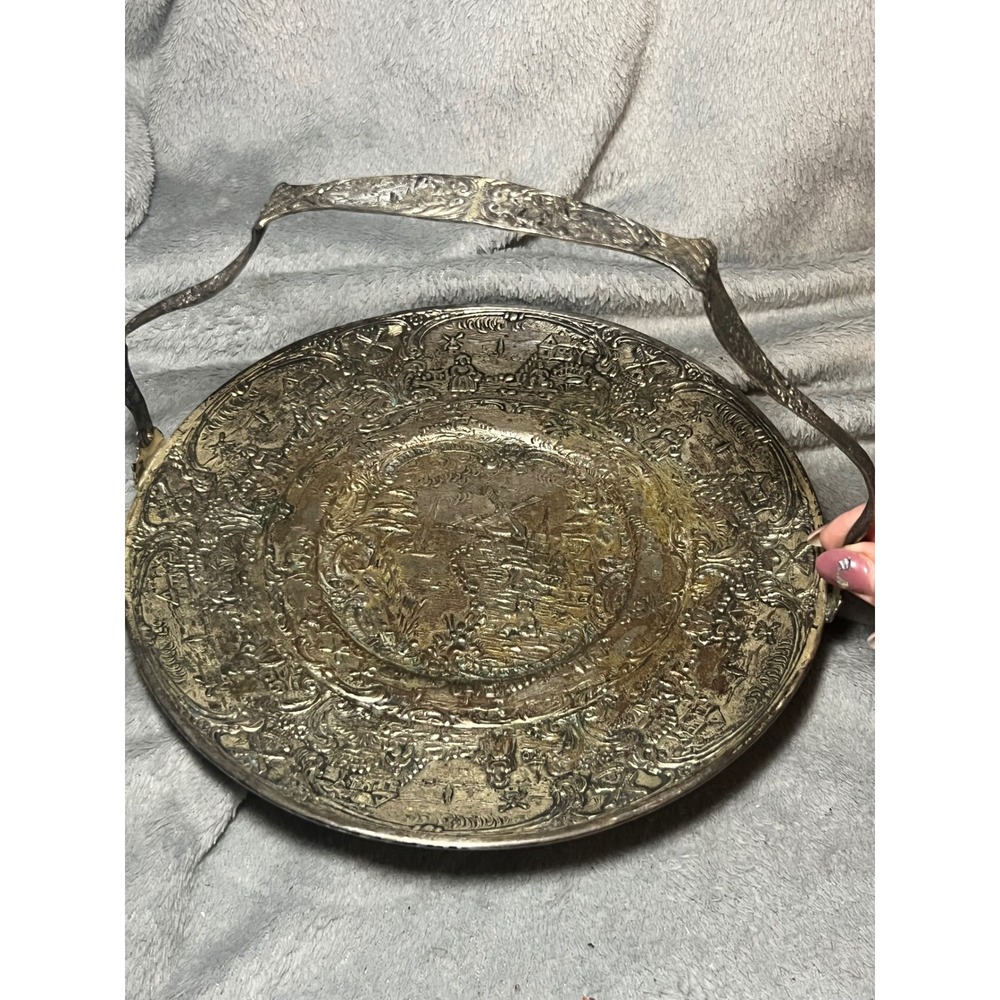 Vintage Holland Ware Silver Plate on Copper Basket Tray Windmill Dutch Scene 10"